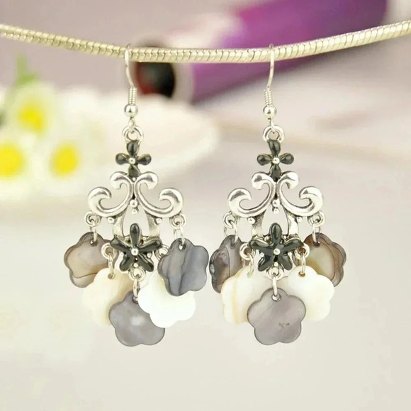 Art Nouveau Antique Silver Gray Mother of Pearl Shell Chandelier Earrings - Picture 1 of 1